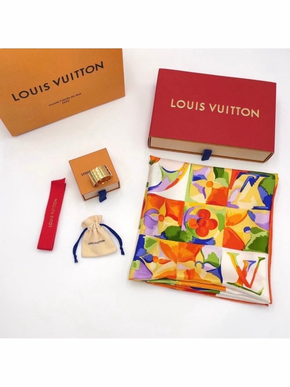 Louis Vuitton Silk Scarf & Scarf Ring Set Nanogram Orange Gold Ivory w/Box & DB